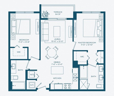 Floor plan for 2 beds, 2 baths, 1045 sqft